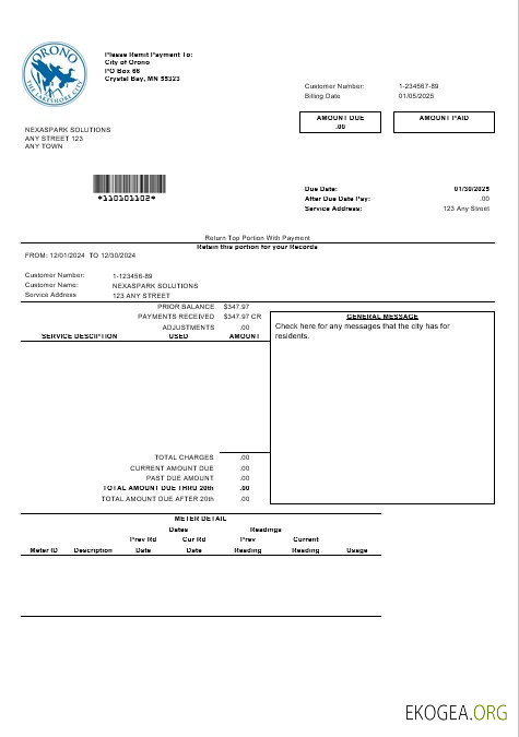 États Unis Nevada Orono Modèle de facture de services publics de Lakehore City aux formats Word et PDF